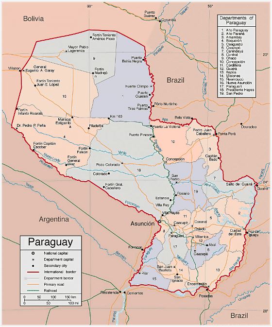 Grande mapa político y administrativo de Paraguay con carreteras y ciudades