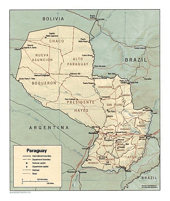 Grande mapa político y administrativo de Paraguay con relieve, carreteras y ciudades - 1990