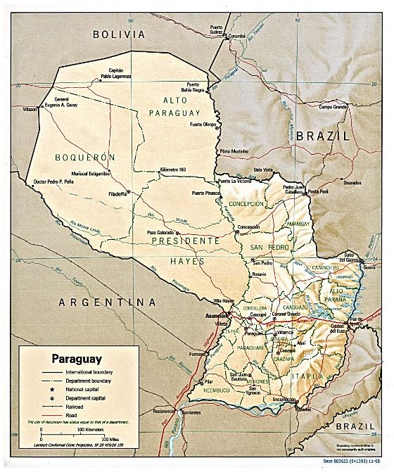 Grande mapa político y administrativo de Paraguay con relieve, carreteras y ciudades - 1998