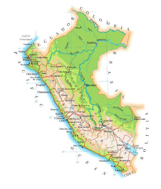 Detallado mapa de elevación de Perú con carreteras, ciudades y aeropuertos