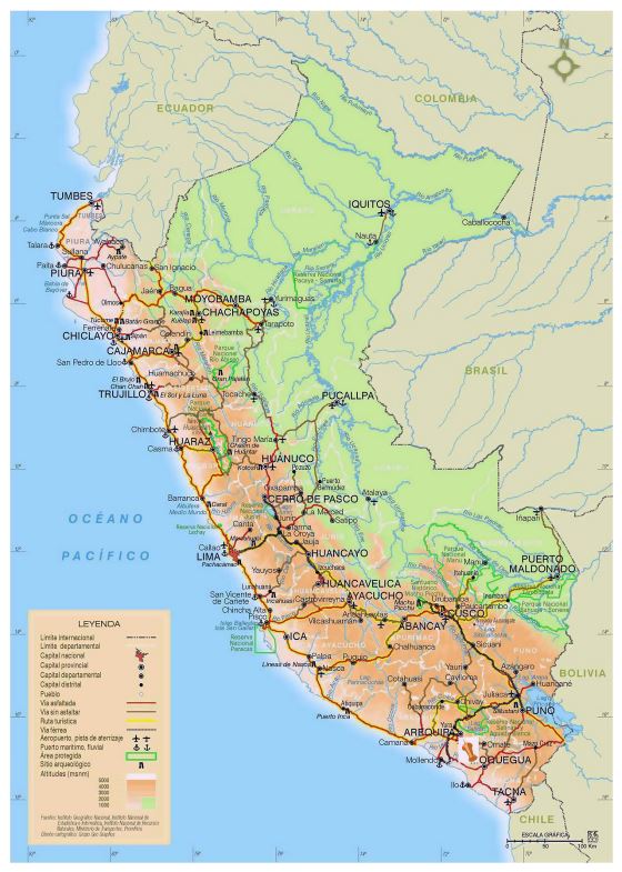 Detallado mapa de elevación de Perú con todas carreteras, ciudades y aeropuertos