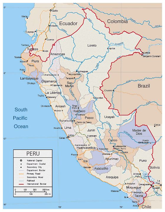 Detallado mapa político y administrativo de Perú