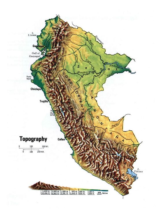 Detallado mapa topográfico de Perú