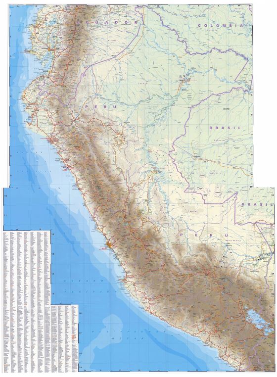 En alta resolución detallado mapa de carreteras de Perú con todas ciudades y otras marcas