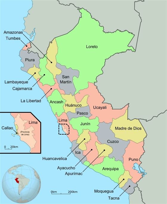 Grande detallado administrativo mapa de Perú