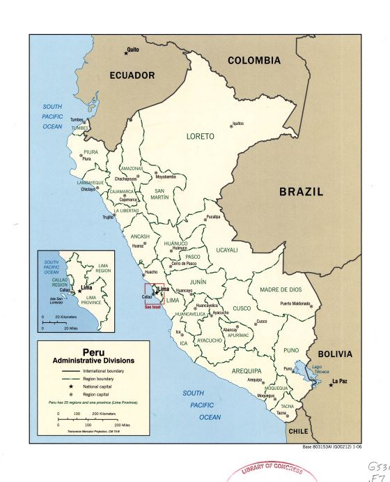 Grande detallado mapa de administrativas divisiones de Perú con marcas de principales ciudades - 2006