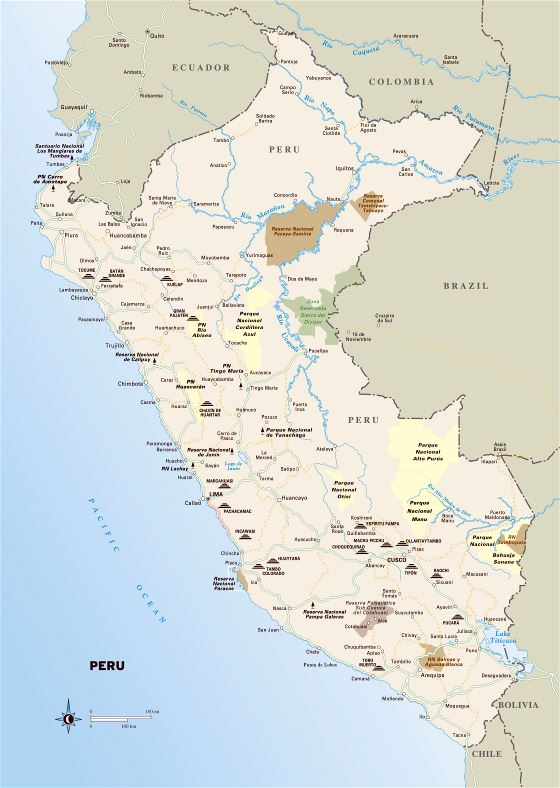 Grande detallado mapa de Perú con parques nacionales