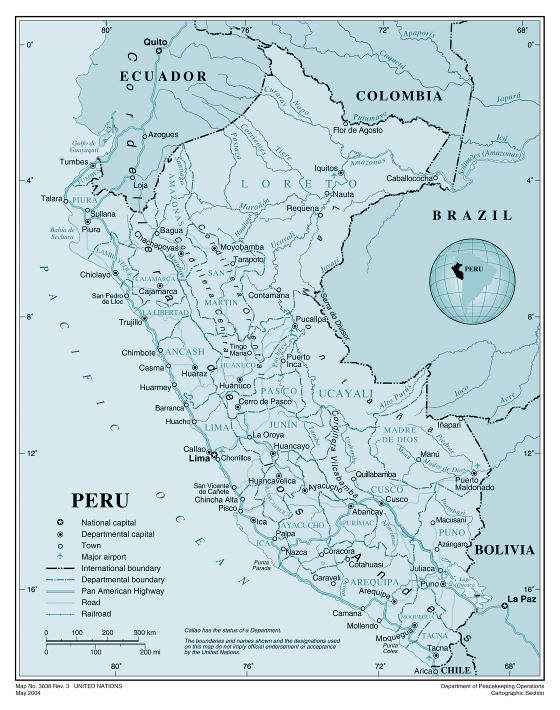 Grande detallado mapa político y administrativo de Perú con carreteras, ciudades y aeropuertos