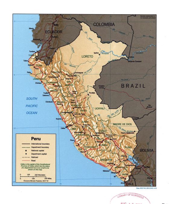 Grande detallado mapa político y administrativo del Perú con relieve, marcas de carreteras, ferrocarriles y principales ciudades - 1991