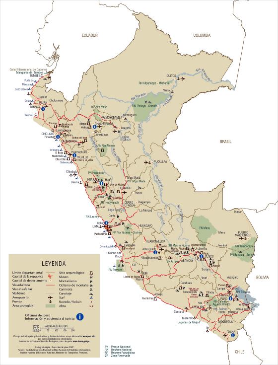 Grande detallado mapa turístico de Perú con carreteras