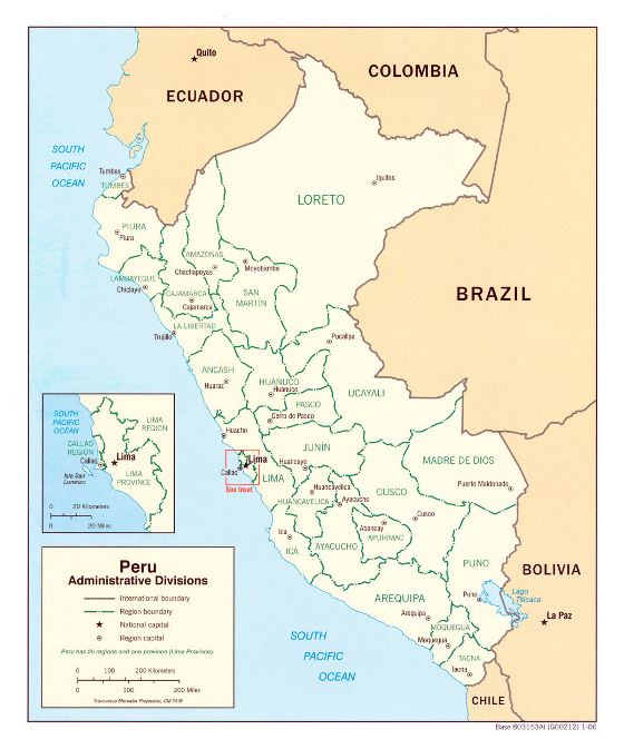 Grande mapa de administrativas divisiones de Perú - 2006