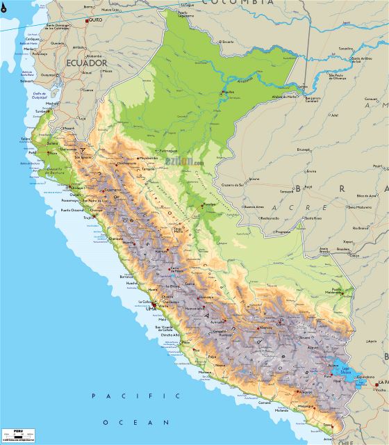 Grande mapa físico del Perú con carreteras, ciudades y aeropuertos