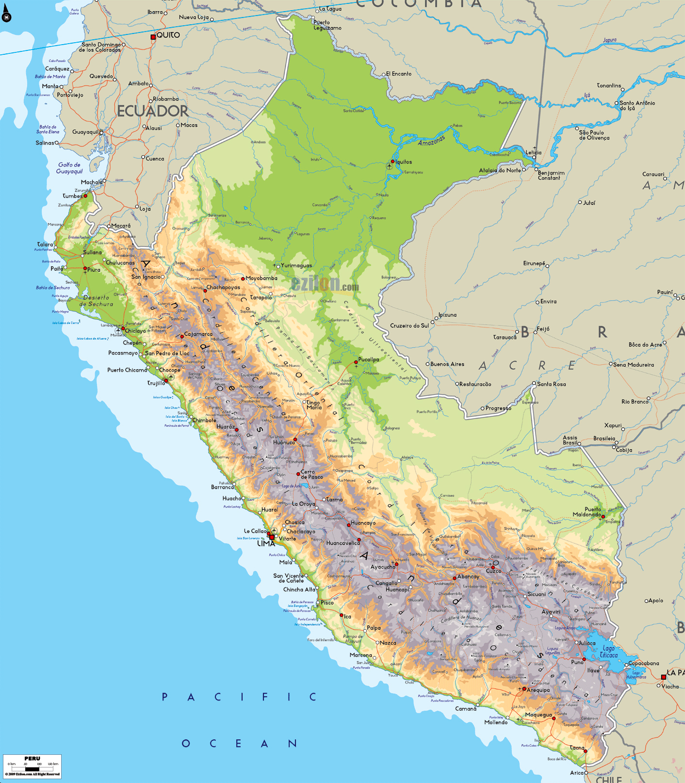 Grande Mapa Físico Del Perú Con Carreteras Ciudades Y Aeropuertos