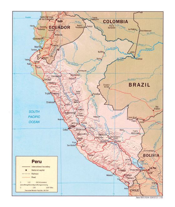 Grande mapa político de Perú con relieve, carreteras y principales ciudades - 2006
