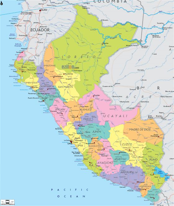 Grande mapa político y administrativo de Perú con carreteras, ciudades y aeropuertos