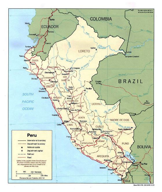 Grande mapa político y administrativo de Perú con carreteras y principales ciudades - 1991