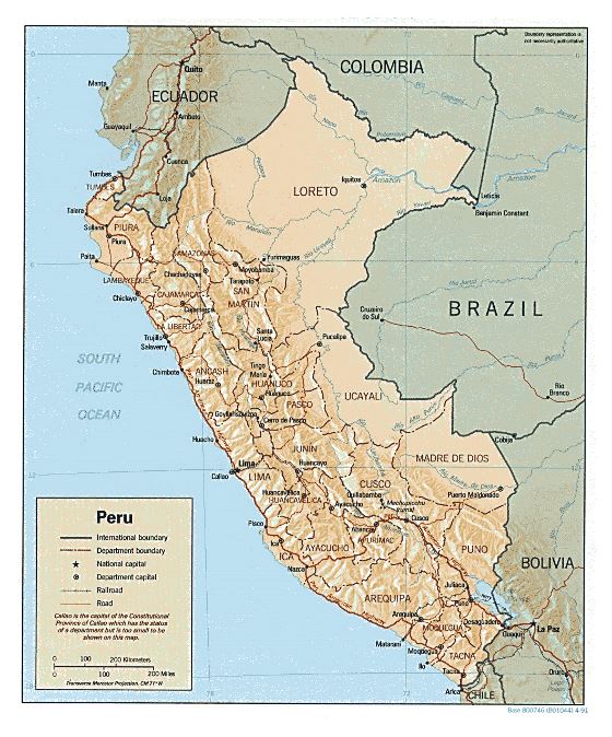Grande mapa político y administrativo de Perú con relieve, carreteras y principales ciudades - 1991