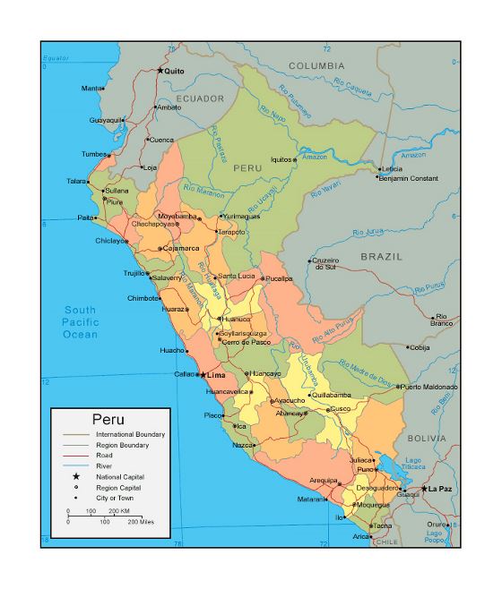 Mapa político y administrativo de Perú con carreteras y principales ciudades