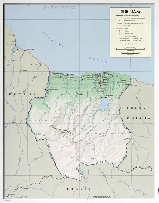 A gran escala mapa político y administrativo de Surinam con relieve, marcas de carreteras, ferrocarriles, ciudades, puertos marítimos y aeropuertos - 1968
