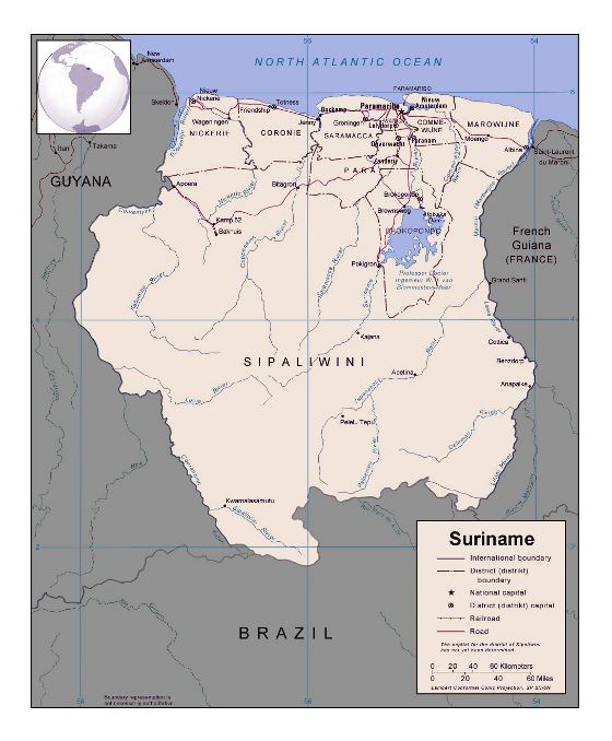 Detallado mapa político y administrativo de Surinam con principales ciudades