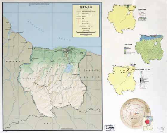 Grande detallado mapa de perfil del país de Surinam - 1968