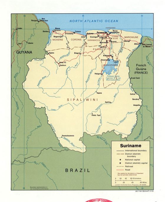 Grande detallado mapa político y administrativo de Surinam con marcas de carreteras, ferrocarriles y principales ciudades - 1991