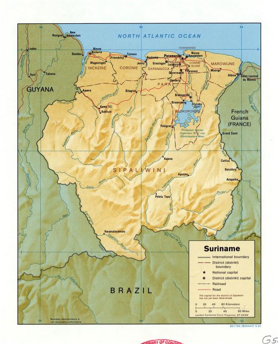 Grande detallado mapa político y administrativo de Surinam con relieve, marcas de carreteras, ferrocarriles y principales ciudades - 1991