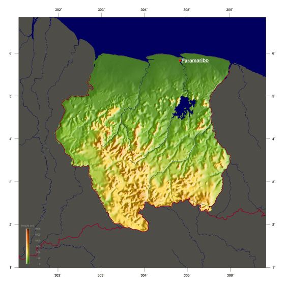 Grande mapa de elevación de Surinam