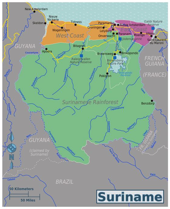 Grande mapa de regiones de Surinam