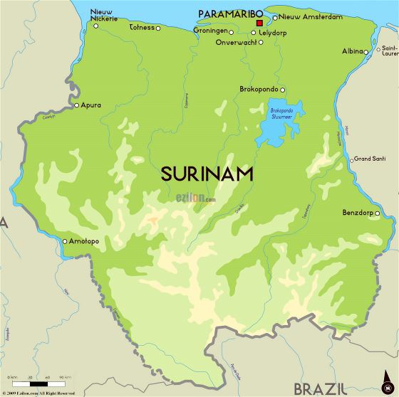 Grande mapa físico de Surinam con principales ciudades