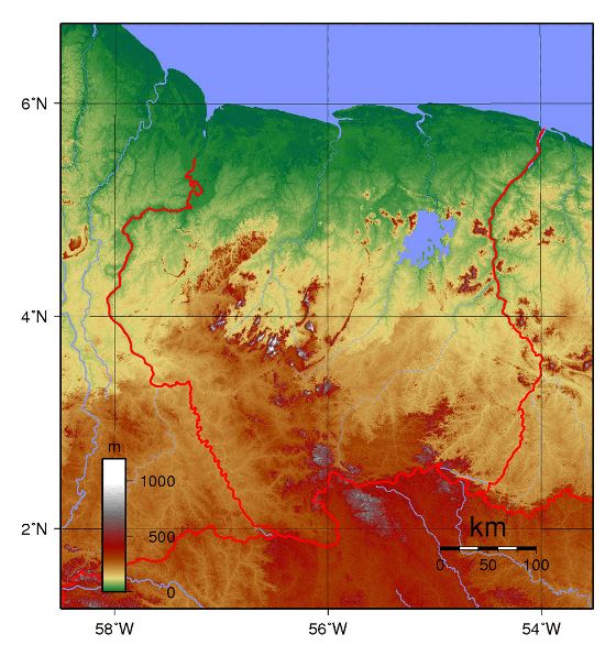 Grande mapa físico de Surinam
