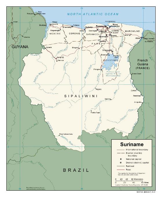 Grande mapa político y administrativo de Surinam con carreteras y principales ciudades - 1991