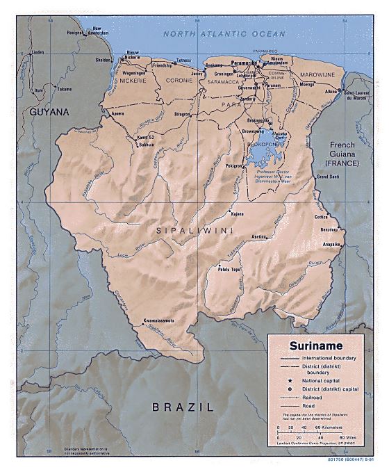 Grande mapa político y administrativo de Surinam con relieve, carreteras y principales ciudades - 1991
