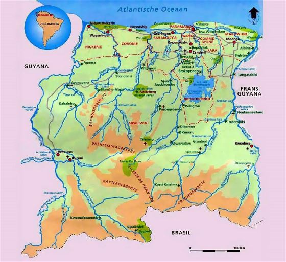 Mapa de elevación de Surinam con ciudades