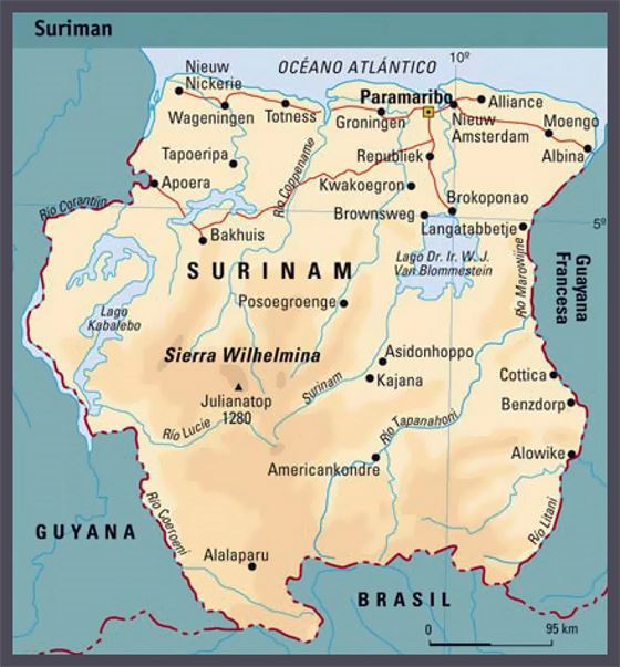 Mapa de elevación de Surinam