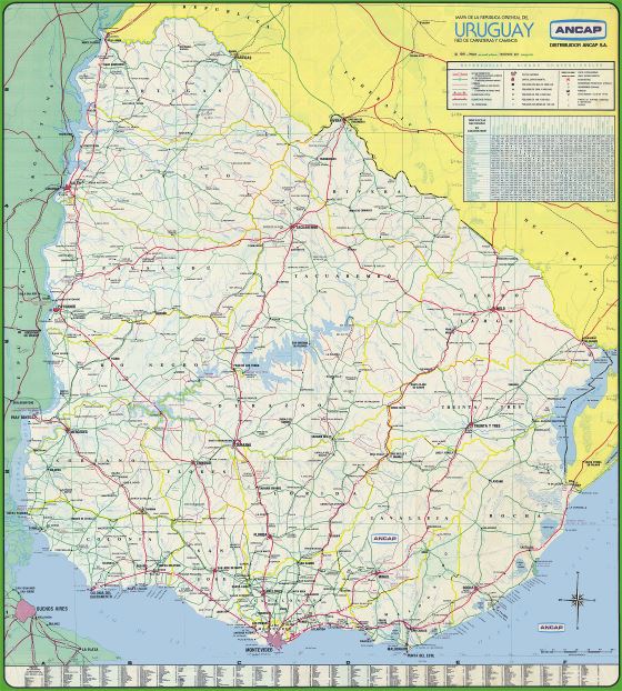 A gran escala mapa de carreteras de Uruguay con todas ciudades