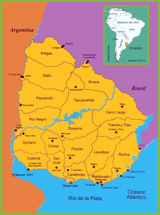 A gran escala mapa político y administrativo de Uruguay