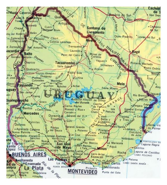 Detallado mapa de Uruguay con carreteras y ciudades