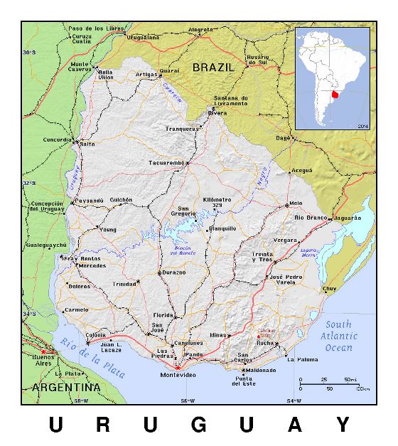 Detallado mapa político de Uruguay con relieve