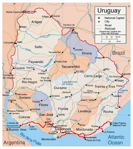 Detallado mapa político y administrativo de Uruguay con carreteras y principales ciudades