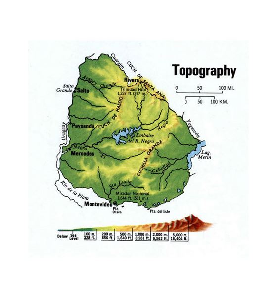 Detallado topográfico mapa de Uruguay
