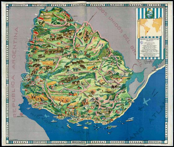 Grande detallado mapa antiguo ilustrado de Uruguay