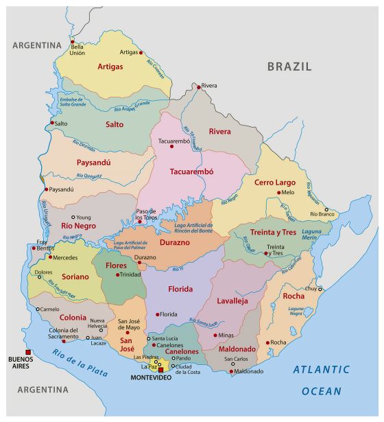 Grande detallado mapa de administrativas divisiones de Uruguay