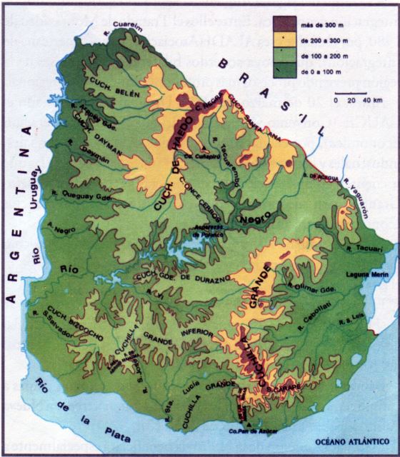 Grande detallado mapa de elevación de Uruguay