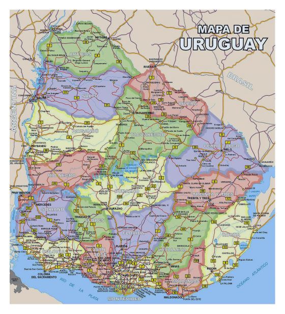 Grande detallado mapa político y administrativas divisiones de Uruguay con todas carreteras y ciudades