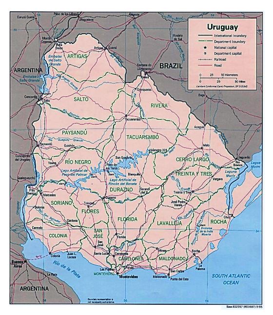 Grande detallado mapa político y administrativo de Uruguay con carreteras y ciudades - 1995