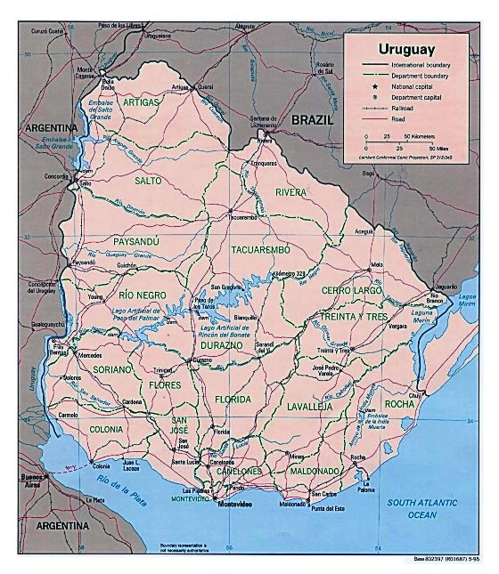 Grande detallado mapa político y administrativo de Uruguay con carreteras y ciudades - 1995