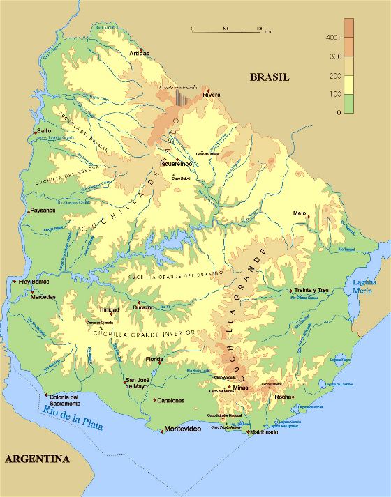 Grande mapa de elevación de Uruguay