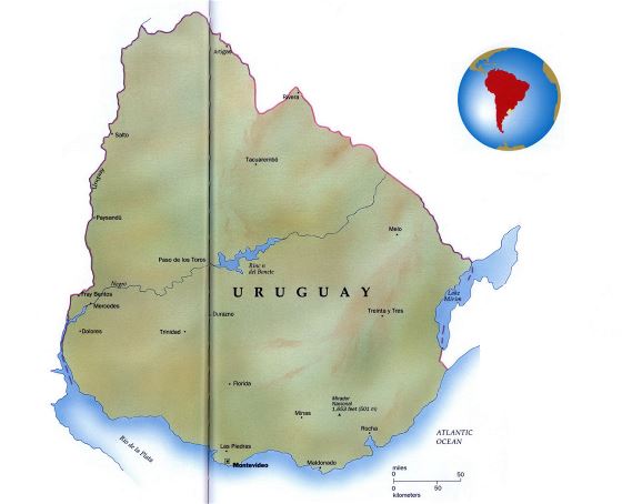Grande mapa de Uruguay con relieve y principales ciudades