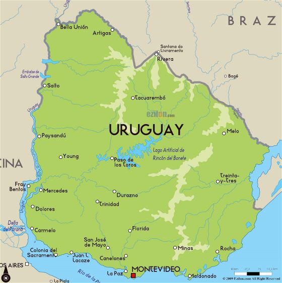 Grande mapa físico de Uruguay con principales ciudades